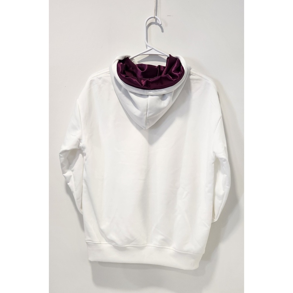 Asia Women White Hoodie Sz S Kangaroo Pocket Purple Silky Hood